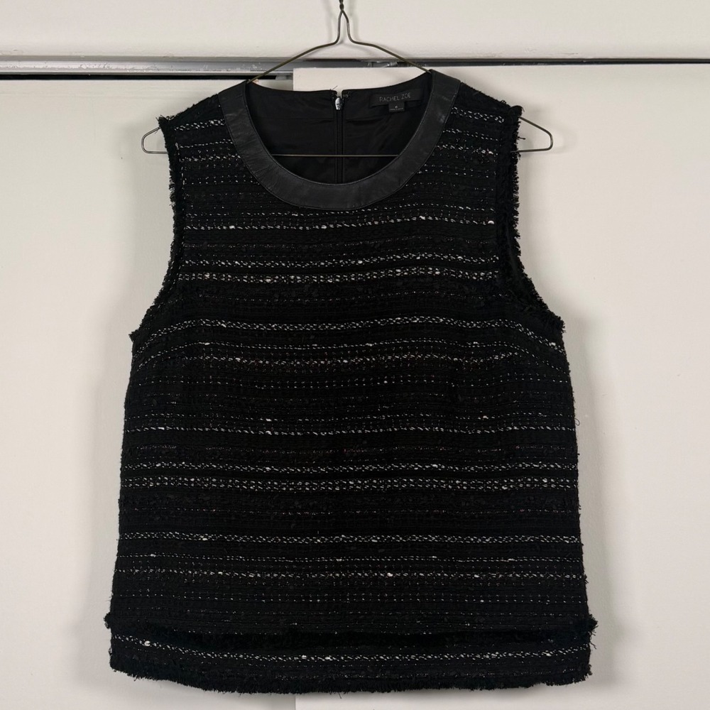 Rachel Zoe Black Tweed Sleeveless Top Leather Collar Frayed Trim Metallic Size 6